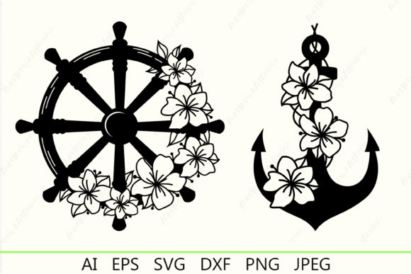 Floral Anchor and Ship Wheel Silhouette